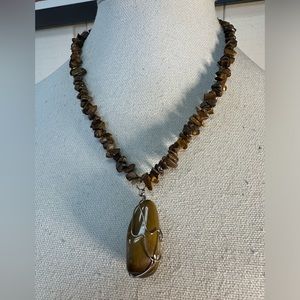 Oblong wire wrapped tiger eye pendant necklace